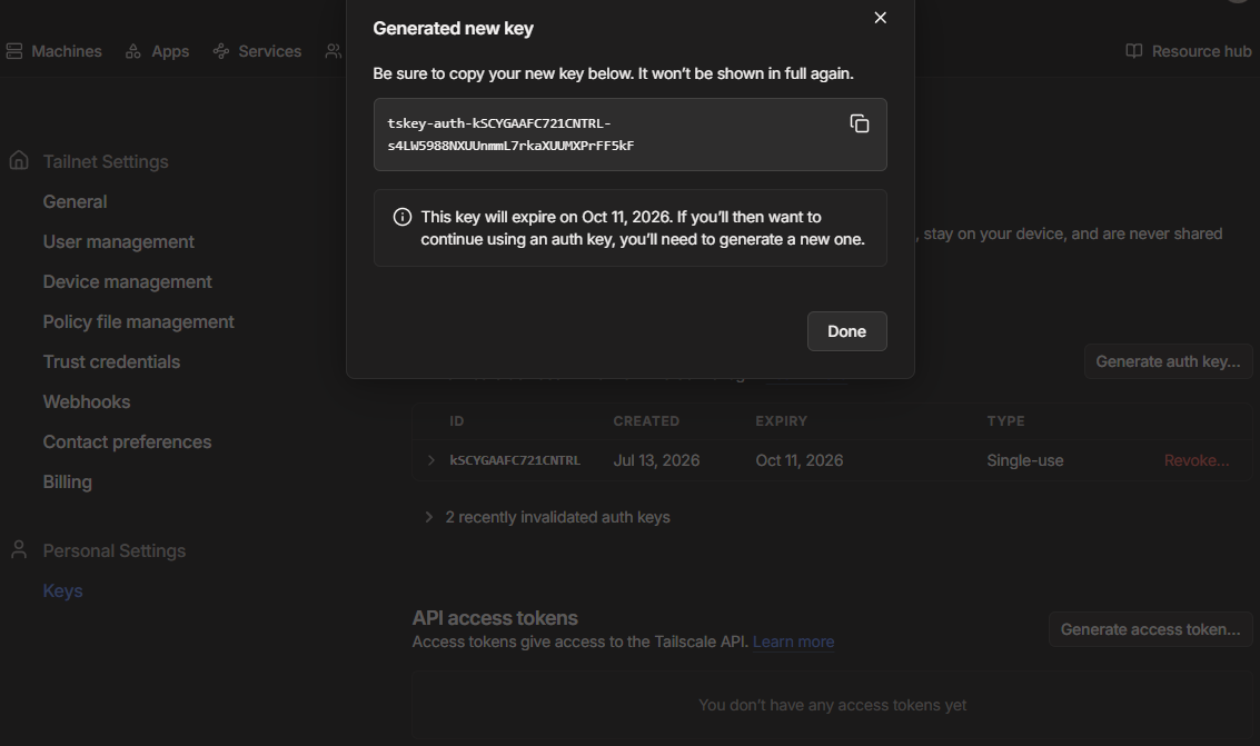 Tailscale Copy Auth Key window